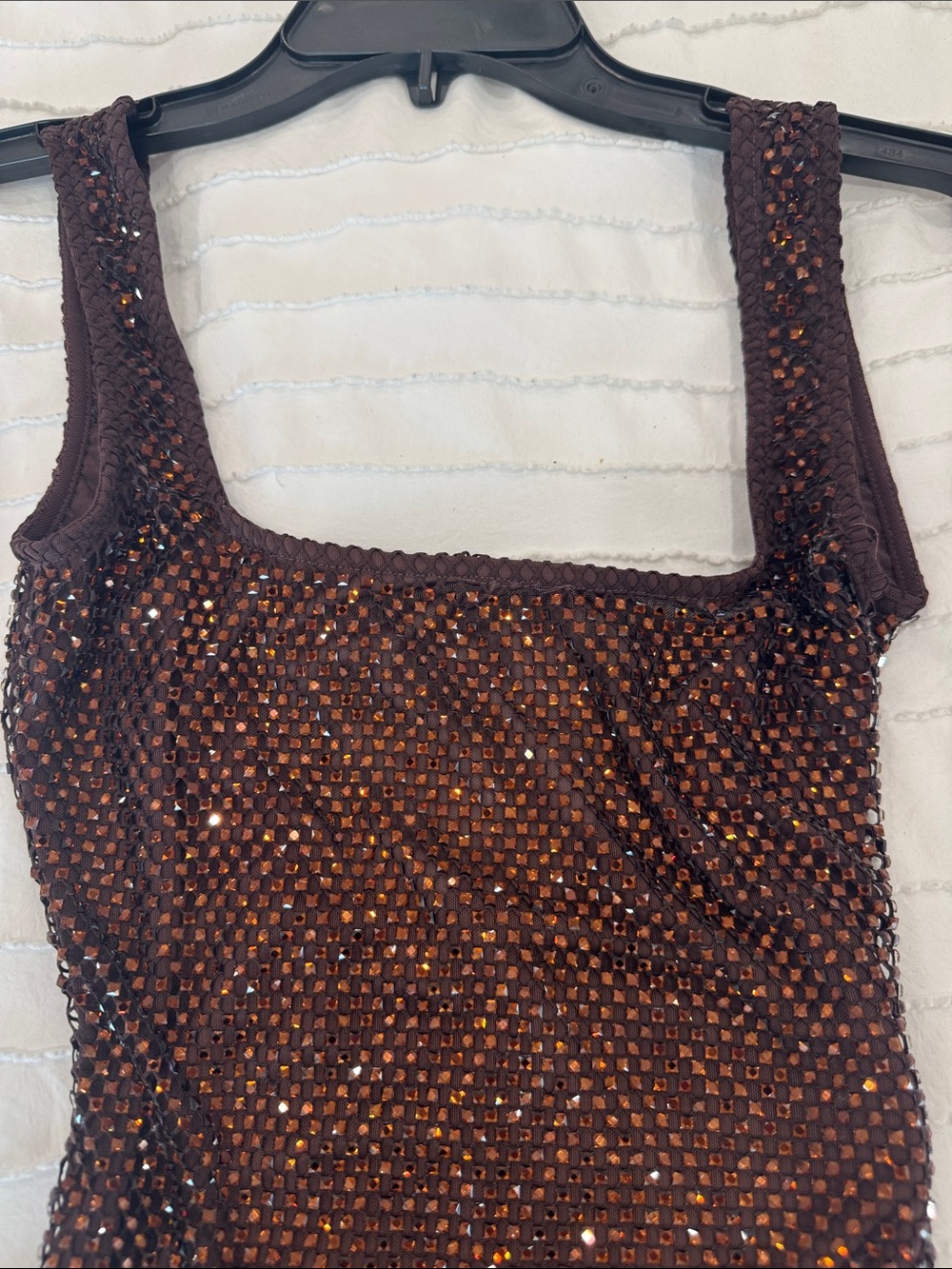 Brown Sequin Mesh Mini Dress with Square Neck - Picture 2 of 7